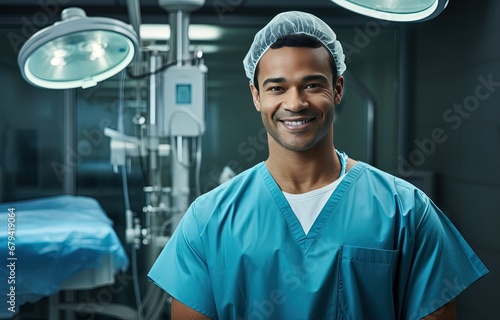 close up portrait of a male doctor or nurse smiling with hospital room background, healthcare and medical center background wallpaper, Generative Ai