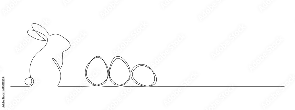 One continuous line drawing of Easter eggs and rabbit. Greeting banner design with bunny and ears in simple linear style. Editable stroke. Doodle vector illustration - obrazy, fototapety, plakaty 