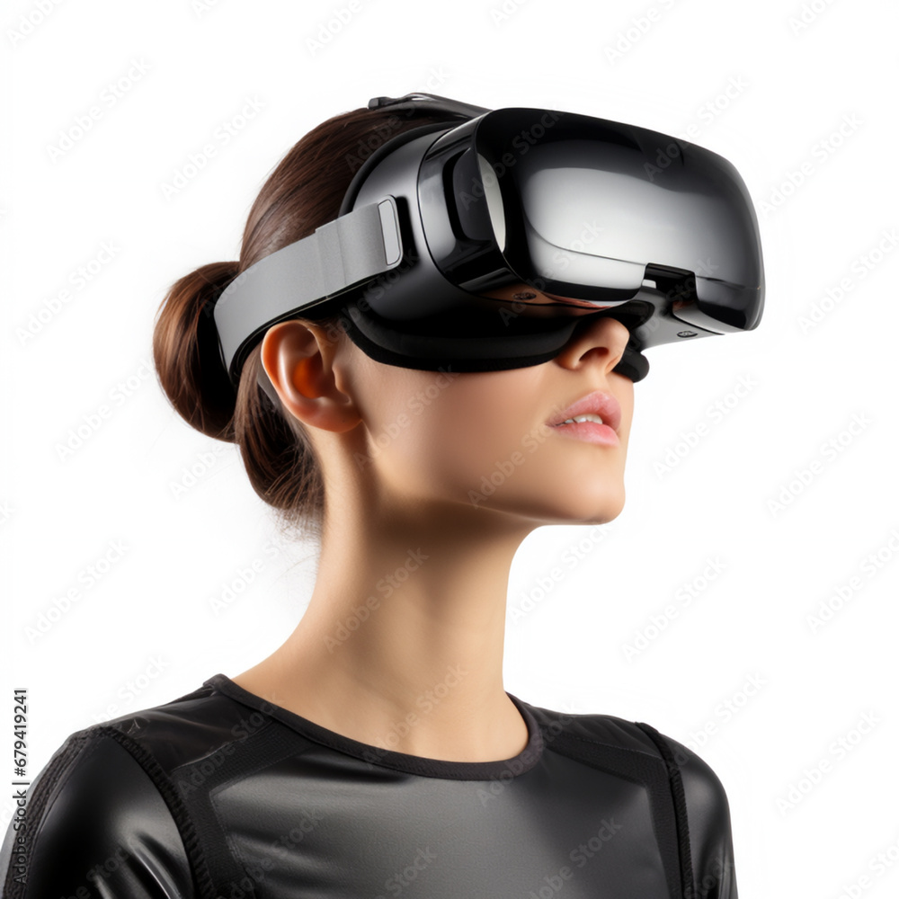 Woman in VR Headset isolated on white background, AI Generative. Woman in VR Headset isolated on white background, AI Generative.