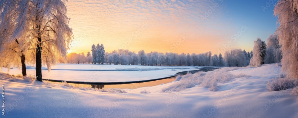 Fototapeta premium panoramic view of a snow-covered golf course at sunrise, with frosty trees and a peaceful, undisturbed landscape