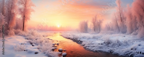 panoramic winter sunrise over a frozen river, with pink and orange hues in the sky and frost on trees