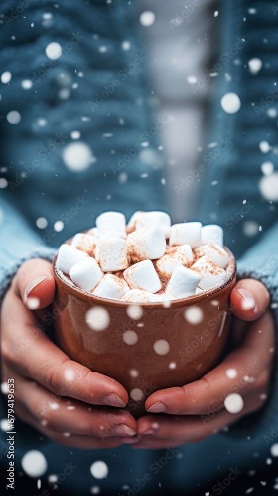 hot cup of cocoa with marshmallows, held by mittened hands, with a snowy background hot cup of cocoa with marshmallows, held by mittened hands, with a snowy background