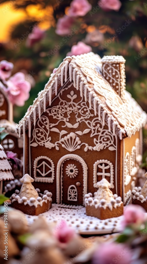 traditional gingerbread house with intricate icing details, surrounded by holiday decorations traditional gingerbread house with intricate icing details, surrounded by holiday decorations