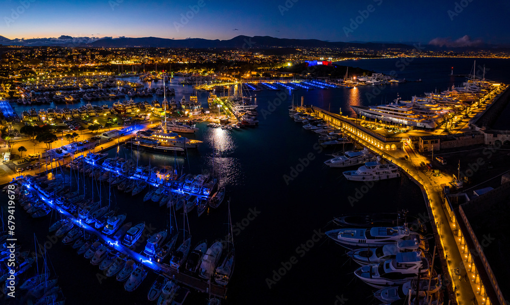 Sunset view of Antibes, a resort town between Cannes and Nice on the French Riviera