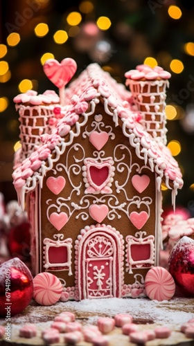 gingerbread house with intricate icing details, surrounded by candy canes and holiday treats