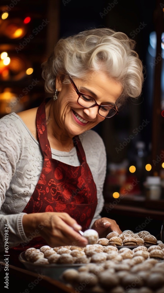 Elderly woman cooking tasty cookies for christmas holiday. Portrait grandmother with ai generation