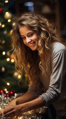 Girl chooses decoration for the christmas tree. Christmas atmosphere at cozy home interior.