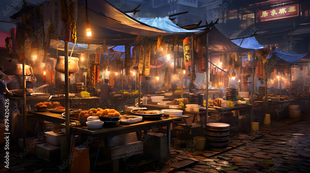 Naklejka premium Asian street food market, street food, market, eating food, market food