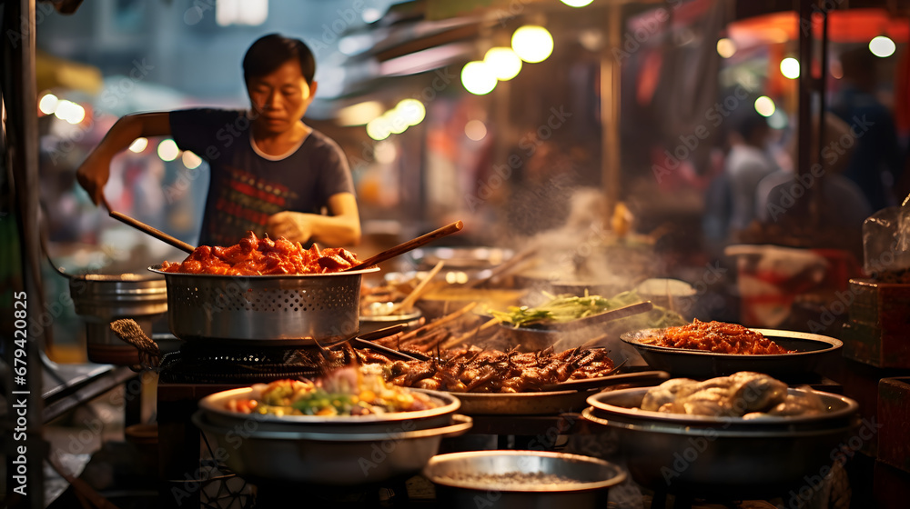 Asian street food market, street food, market, eating food, market food