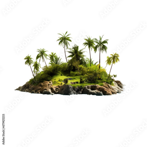 An isolated tropical island with lush green palm trees on a transparent background, depicting a serene and exotic vacation destination