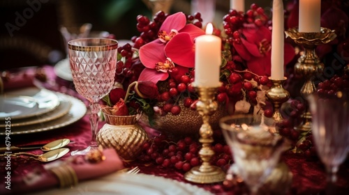 A close-up shot of a New Year table centerpiece, focusing on the intricate details of the decoration.