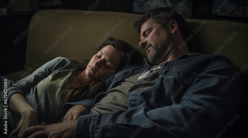 Parents asleep on the couch, calming, leisurely. pastel tones