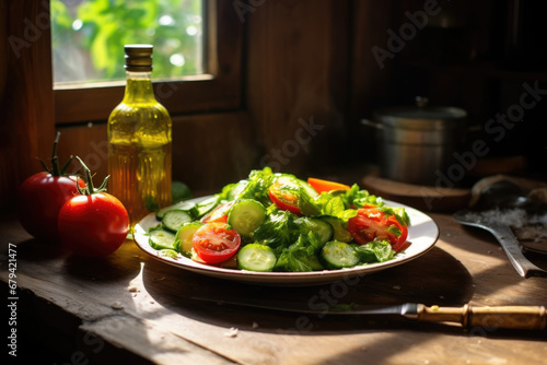 Healthy Green Salad in front of a window in a rustic country kitchen