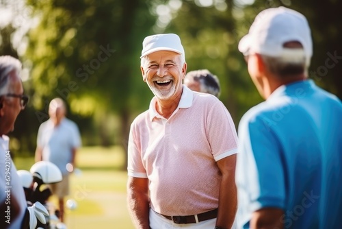 Group of people businessman and senior CEO enjoy outdoor sport golfing together at country club photo