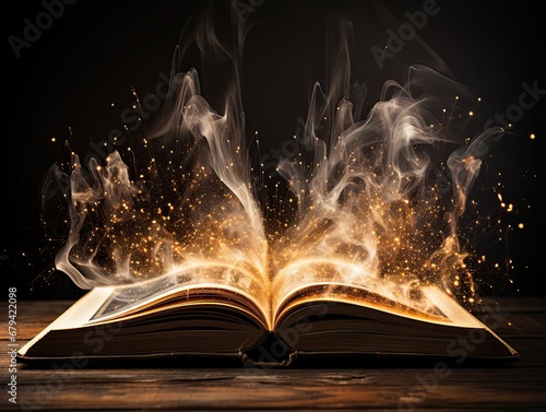 AI-generated illustration of a smoking, flaming open hardcover book on a table. MidJourney. photo