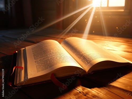 AI-generated illustration of an open hardcover book on a table, amid rays of golden light. MidJourney.