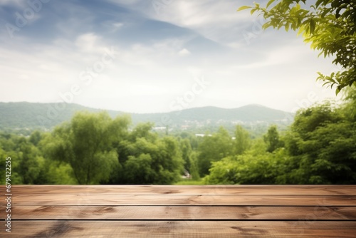 Wooden surface for product placement or montage with a scenic view of a lush green landscape and hills