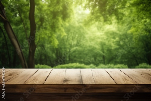 Wooden table surface for product placement or montage with a blurred green forest in the background