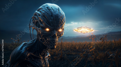 Alien UFO invasion wallpaper, extraterrestrial being first encounter, abduction in a field, sci fi spaceship concept, hd