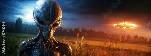 Alien UFO invasion, extraterrestrial being first encounter, abduction in a field, sci fi spaceship banner concept, hd