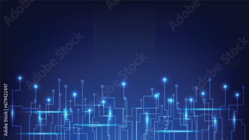 Hi tech digital circuit board. AI pad and electrical lines connected on blue lighting background. futuristic technology design element concept