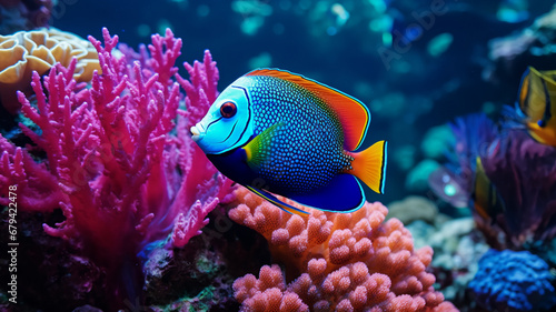 Close-up of a vibrant angelfish swimming among colorful coral reefs, AI Generative. photo