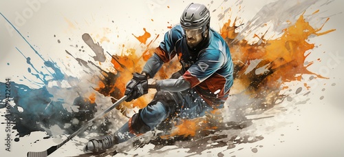 illustration of a Watercolor Ice Hockey player covered in multicolored paint splashes.sport splash.
 photo