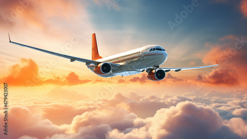 Passengers commercial airplane flying above clouds in sunset light. AI Generative.