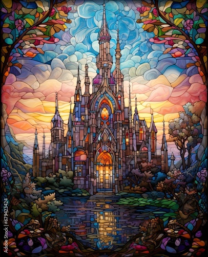Stain glass window featuring a castle in a landscape setting.