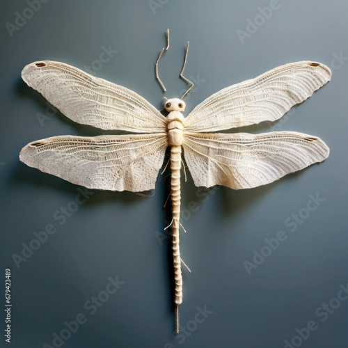 Artistic dragonfly composition, white petals, leaves, minimalistic design, isolated on white background, soft tones, creative arrangement, botanical elements, whimsical, nature-inspired