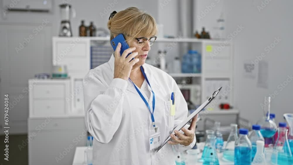 Blonde middle age female scientist engrossed in a serious talk over the smartphone while reading a document in the lab Blonde middle age female scientist engrossed in a serious talk over the smartphone while reading a document in the lab
