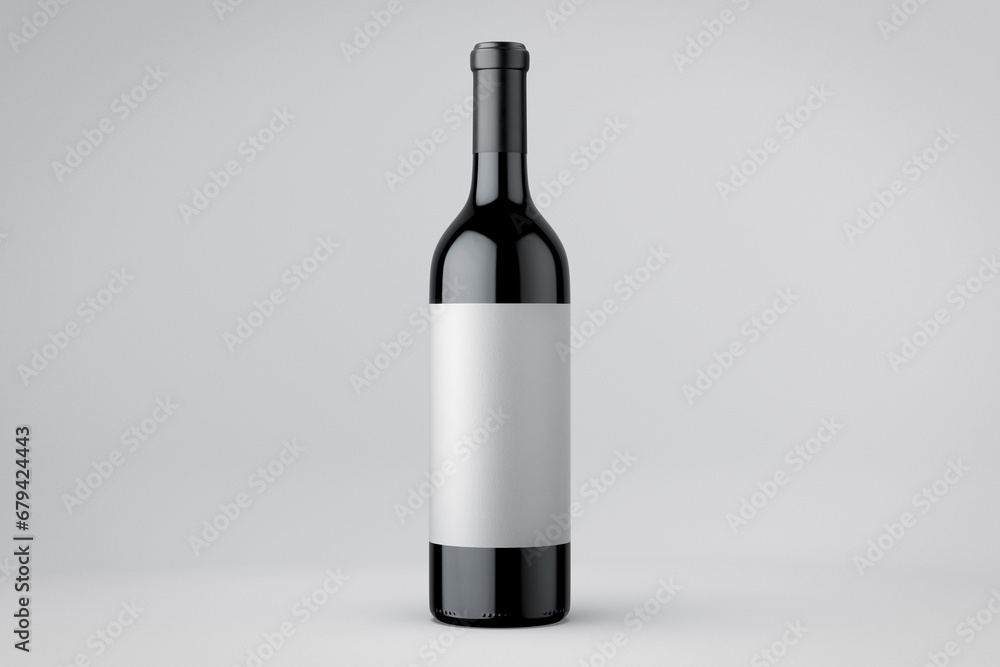 3D illustration of a wine bottle with white label isolated on a light background. Wine bottle label mockup. 3D illustration of a wine bottle with white label isolated on a light background. Wine bottle label mockup.
