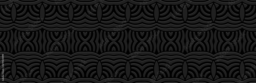 Obraz premium Banner, cover design. Embossed ethnic tribal geometric ornamental 3D pattern of lines on a black background. Abstraction. Original motifs of the East, Asia, India, Mexico, Aztec, Peru.
