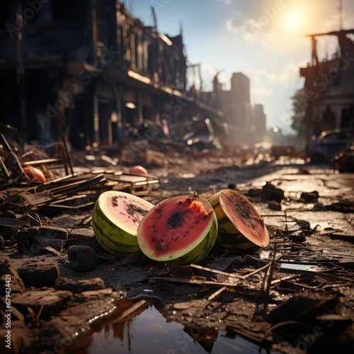watermelon on damage road with destroy building background