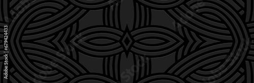 Banner, cover design. Embossed ethnic tribal geometric unique 3D line pattern on black background. Abstraction. Original motifs of the East, Asia, India, Mexico, Aztec, Peru.