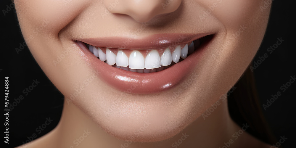 Banner with close-up of a beautiful smiling woman with white perfect teeth isolated on dark black. Banner with close-up of a beautiful smiling woman with white perfect teeth isolated on dark black.