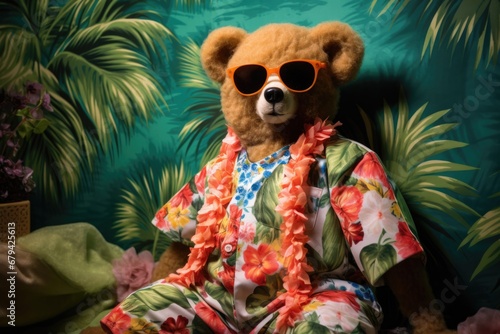 A bear toy wearing a Hawaiian outfit and sunglasses. Generative AI.