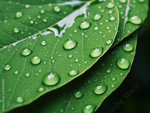 Detailed shot of water droplets on a green leaf after rain.