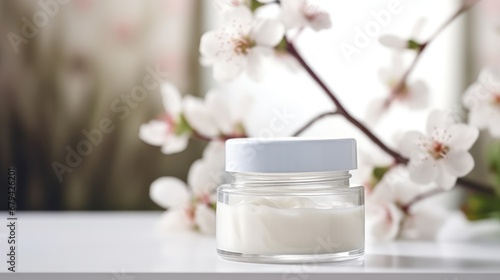 white Wooden table on blurred whitening and moisturizing Face cream in an open glass jar and flowers on white background  Advertisement  Print media  Illustration  Banner  for website