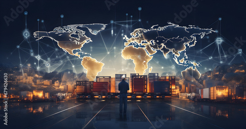 world map, transportation industrial concept, container cargo, Logistic import export, smart transportation, Truck logistics, Distribution Network, Technology Retail Warehouse #679426630