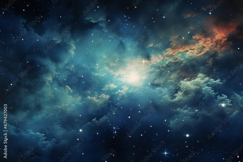  a background featuring blue clouds and stars, in the style of interstellar nebulae, birds-eye-view, m42 mount, light amber and teal, soft atmospheric scenes --ar 128:85
