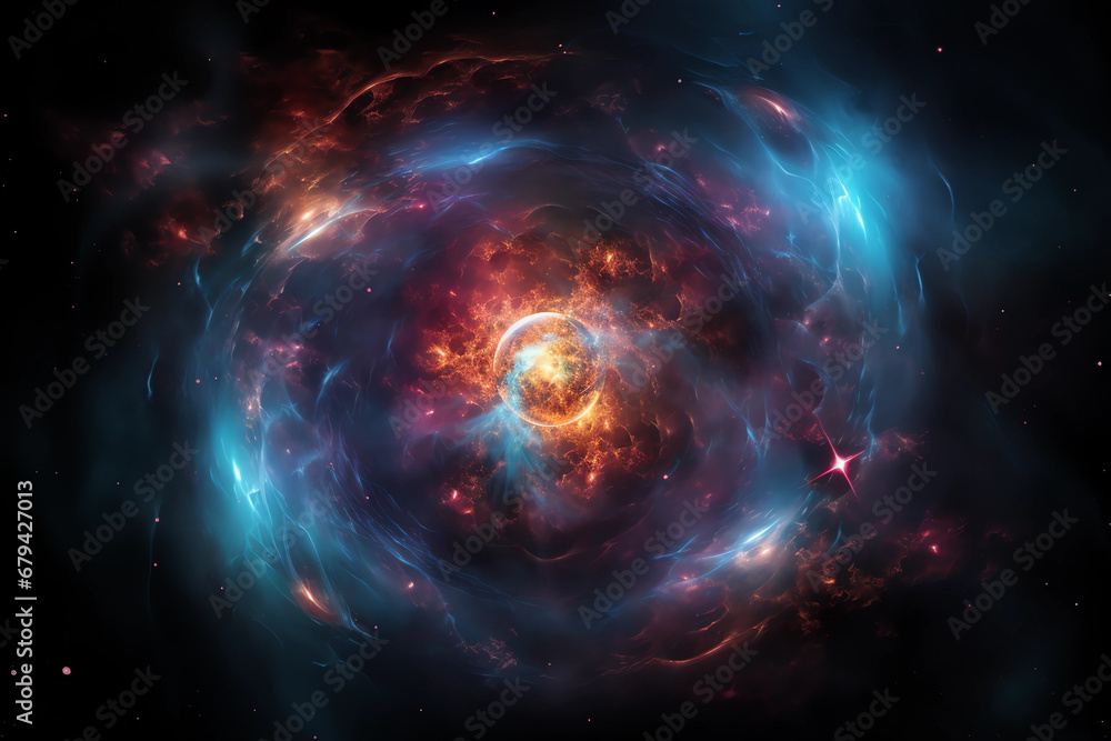 colorful spaceship with a red and blue colored spaceship, in the style of interstellar nebulae, chaotic energy, spiral group, smokey background, weirdcore, realistic depiction of light --ar 128:85