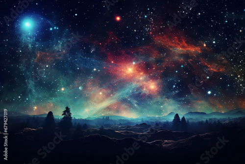 a colorful wallpaper with stars in the night sky, in the style of light-filled landscapes, dark red and dark cyan, 32k uhd, colorful landscapes, luminous landscape painting --ar 128:85 © Sebastian