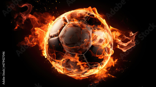 An intense and dramatic image capturing a sport ball engulfed in flames against a stark black background  radiating energy and passion.