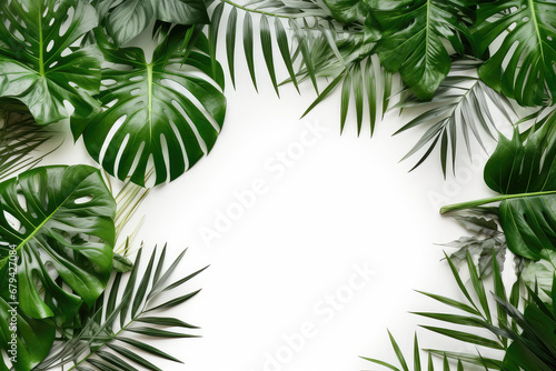 Green tropical leaves frame on white background. Summer concept. Generative AI.