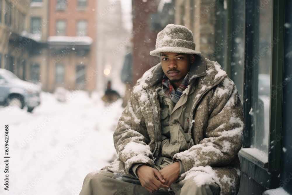 A man in a winter coat sitting on the sidewalk. Generative AI.