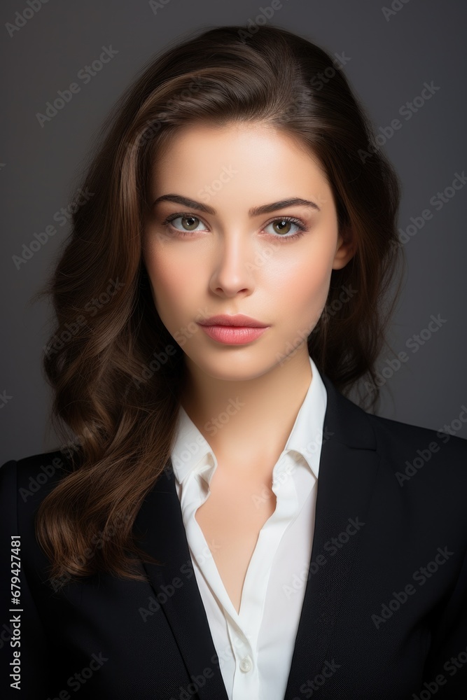 Beautiful young woman in black suit and white shirt. Generative AI. Beautiful young woman in black suit and white shirt. Generative AI.