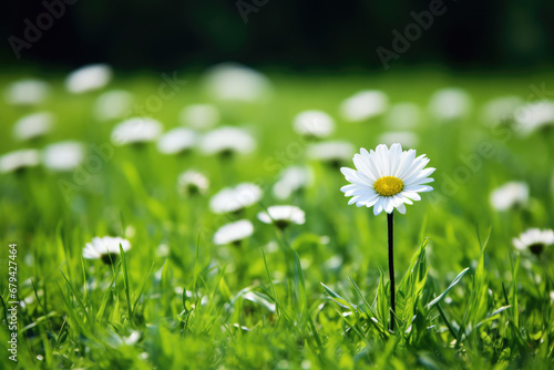 Close-up of a lone, pristine daisy in a field of green.