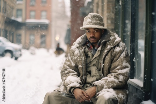 A man in a winter coat sitting on the sidewalk. Generative AI.