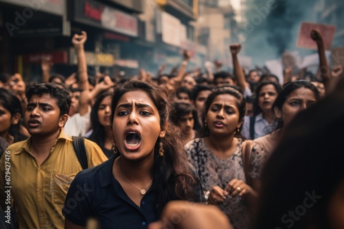 Angry Indian people protesting on a street photo